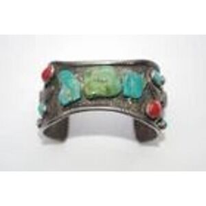 Vintage Southwestern Sterling Silver Multi Stone Cuff Bracelet signed RL